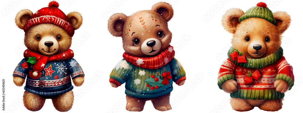 Set of watercolor Teddy bear characters isolated on Transparent background. Teddy bear png, Teddy bear wearing a Christmas sweater. Generative ai.