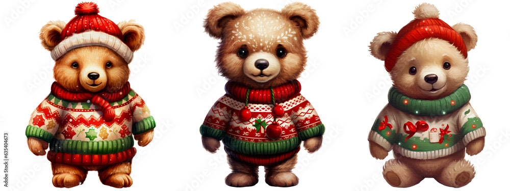 Set of watercolor Teddy bear characters isolated on Transparent background. Teddy bear png, Teddy bear wearing a Christmas sweater. Generative ai.