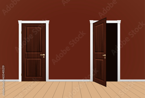 Open and closed doors. Realistic 3D white and brown home and office entry doors. different front doors set isolated on Brown background