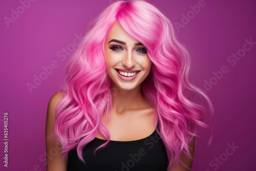 portrait of a woman with pink hair in front of a pink background