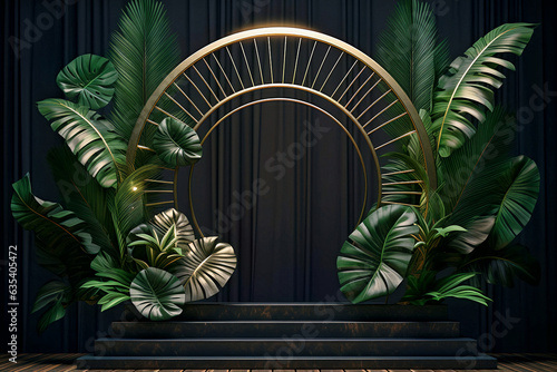 Dark podium with round frame and green tropical leaves. Generative AI photo