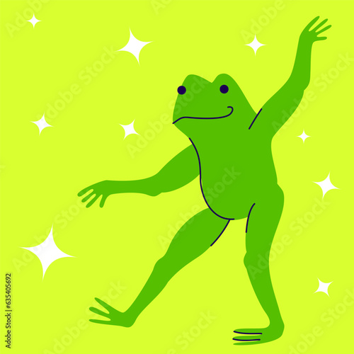 Seamless pattern cute green frog dancing among the stars