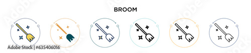 Broom icon in filled, thin line, outline and stroke style. Vector illustration of two colored and black broom vector icons designs can be used for mobile, ui, web