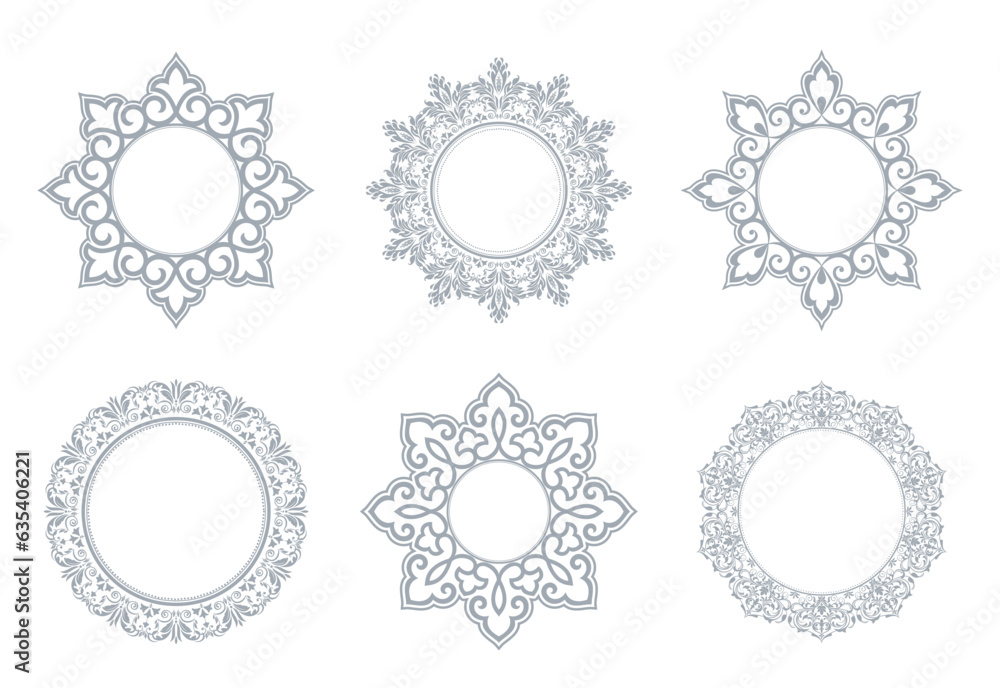 Set of decorative frames Elegant vector element for design in Eastern style, place for text. Floral gray and white borders. Lace illustration for invitations and greeting cards Set of decorative frames Elegant vector element for design in Eastern style, place for text. Floral gray and white borders. Lace illustration for invitations and greeting cards