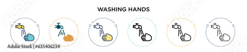 Washing hands icon in filled, thin line, outline and stroke style. Vector illustration of two colored and black washing hands vector icons designs can be used for mobile, ui, web