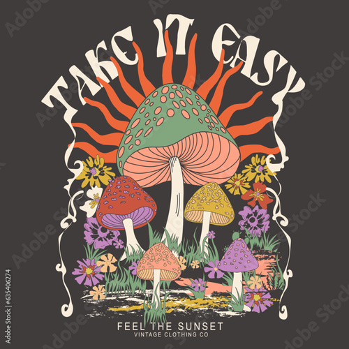 mushroom vintage retro prints for vector, Magic mushroom illustration vector design, Stay weird Slogan Print with Hippie Style Flowers Background - 70's Groovy Themed Hand Drawn Abstract Graphic Tee 
