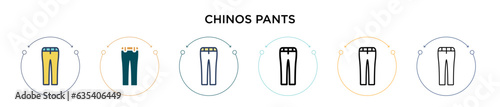 Chinos pants icon in filled, thin line, outline and stroke style. Vector illustration of two colored and black chinos pants vector icons designs can be used for mobile, ui, web