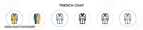 Trench coat icon in filled, thin line, outline and stroke style. Vector illustration of two colored and black trench coat vector icons designs can be used for mobile, ui, web