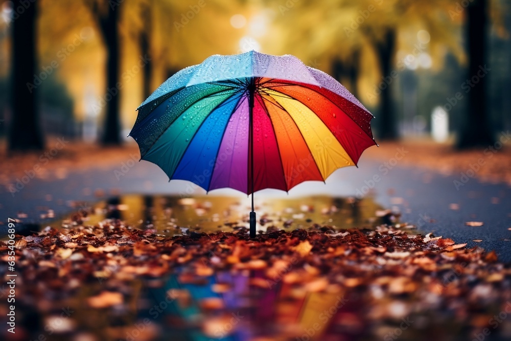 A bright-colored rainbow umbrella in the rain, Generative Ai