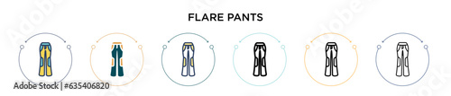 Flare pants icon in filled, thin line, outline and stroke style. Vector illustration of two colored and black flare pants vector icons designs can be used for mobile, ui, web