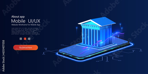 Isometric bank building. Mobile banking concept. 3D realistic business object. Mobile phone and bank architecture on phone screen in blue neon color. Vector illustration