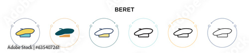 Beret icon in filled, thin line, outline and stroke style. Vector illustration of two colored and black beret vector icons designs can be used for mobile, ui, web