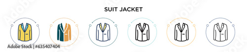 Suit jacket icon in filled, thin line, outline and stroke style. Vector illustration of two colored and black suit jacket vector icons designs can be used for mobile, ui, web