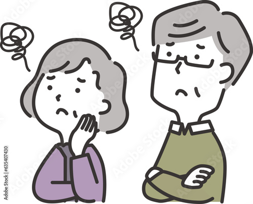 斜め上を見上げて悩んでいる老夫婦のイラスト