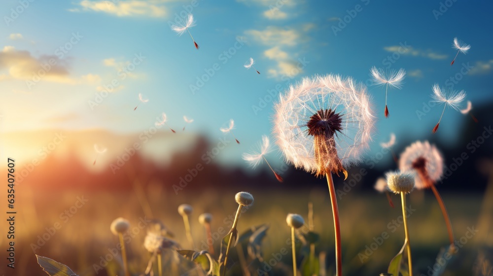 A dandelion blowing in the wind. AI generated - obrazy, fototapety, plakaty 