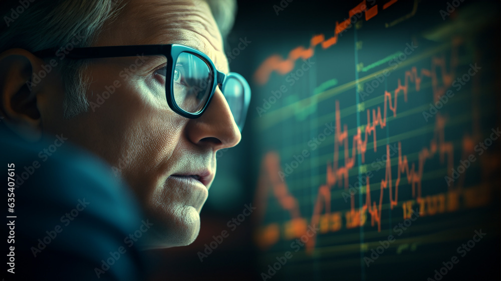 A close-up photograph of a businessman in glasses watching indicators and stock charts, graphs, diagrams on a wide screen display. Image created by Generative AI A close-up photograph of a businessman in glasses watching indicators and stock charts, graphs, diagrams on a wide screen display. Image created by Generative AI