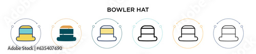 Bowler hat icon in filled, thin line, outline and stroke style. Vector illustration of two colored and black bowler hat vector icons designs can be used for mobile, ui, web