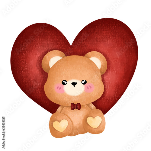 Teddy bear with heart,Cute Brown Bear,watercolor,toy bear ,cartoon,cute, vector ,illustration,hand drawn,graphic,cartoon, teddy bear isolated on white