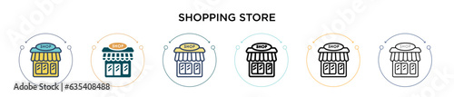 Shopping store icon in filled, thin line, outline and stroke style. Vector illustration of two colored and black shopping store vector icons designs can be used for mobile, ui, web