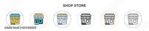 Shop store icon in filled, thin line, outline and stroke style. Vector illustration of two colored and black shop store vector icons designs can be used for mobile, ui, web