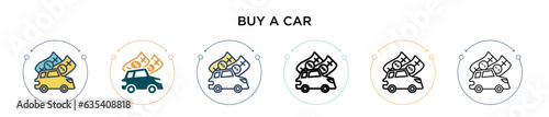 Buy a car icon in filled, thin line, outline and stroke style. Vector illustration of two colored and black buy a car vector icons designs can be used for mobile, ui, web