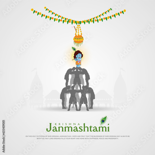 Fototapete Vector illustration of Lord Krishna playing dahi handi in Happy Janmashtami fest