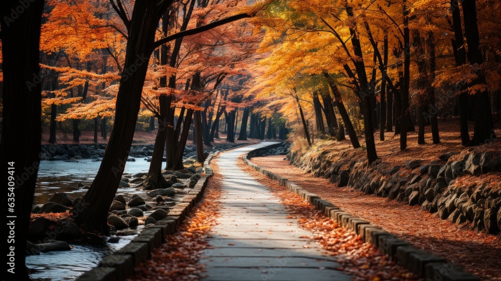 A path through a colorful autumn forest. AI generated