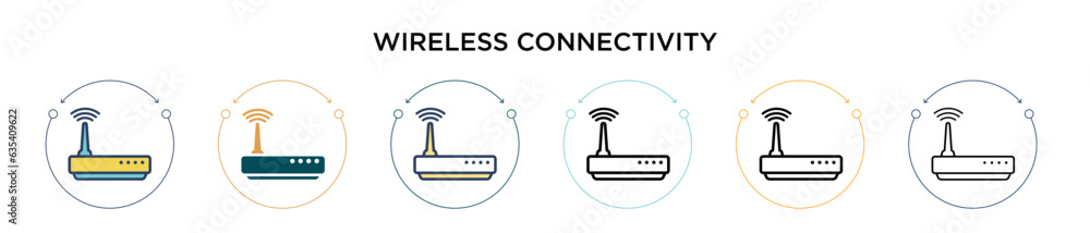 Wireless connectivity icon in filled, thin line, outline and stroke style. Vector illustration of two colored and black wireless connectivity vector icons designs can be used for mobile, ui, web