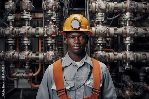 Portrait of worker in uniform and hardhat standing at industrial plant
