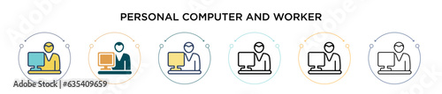Personal computer and worker icon in filled, thin line, outline and stroke style. Vector illustration of two colored and black personal computer and worker vector icons designs can be used for mobile,