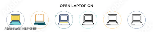 Open laptop on icon in filled, thin line, outline and stroke style. Vector illustration of two colored and black open laptop on vector icons designs can be used for mobile, ui, web
