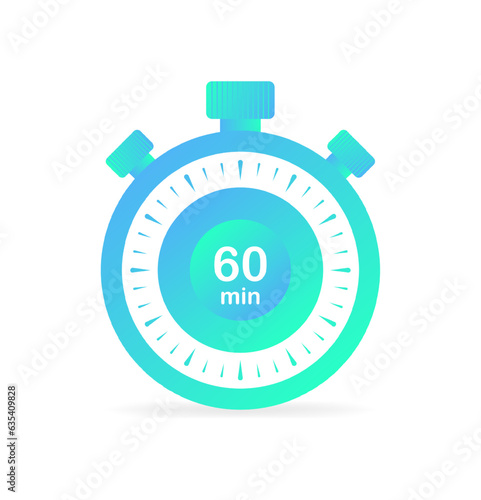 Stopwatch icon. Flat, color, minute timer, 60 minutes left. Vector illustration