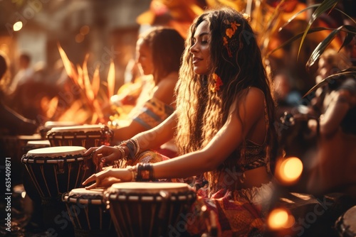 Energetic Drum Circle People drumming passionately - stock photo concepts