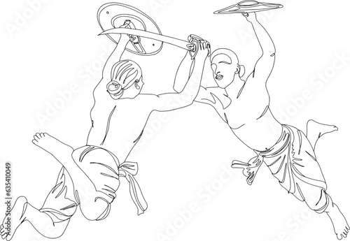 One line continuous sketch drawing cartoon illustration of Dynamic Duel Kalarippayat Sword and Shield Fight, traditional indian martial arts, Kalarippayat Warriors, Kalarippayat Swords and Shields photo