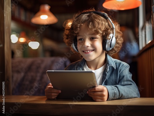 Cute child wearing headphones sitting at a table holding smart digital pad