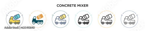 Concrete mixer icon in filled, thin line, outline and stroke style. Vector illustration of two colored and black concrete mixer vector icons designs can be used for mobile, ui, web