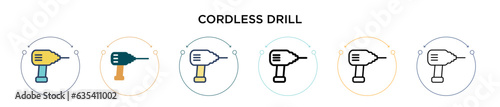 Cordless drill icon in filled, thin line, outline and stroke style. Vector illustration of two colored and black cordless drill vector icons designs can be used for mobile, ui, web