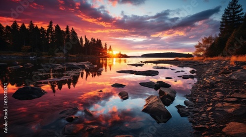 A vibrant sunrise reflecting on a lake. AI generated