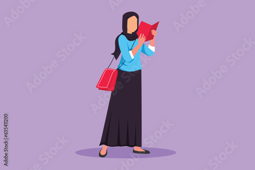 Graphic flat design drawing Arab female in fashionable veil, trendy bag, holding book. Girl reading function book or schoolbook. Student, bibliophile, literature fan. Cartoon style vector illustration