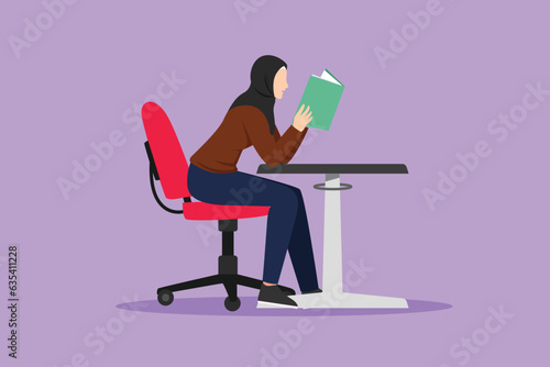 Graphic flat design drawing Arab girl student reading book in library or bookshop and sitting on chair at table. People read and study education or learning lesson. Cartoon style vector illustration