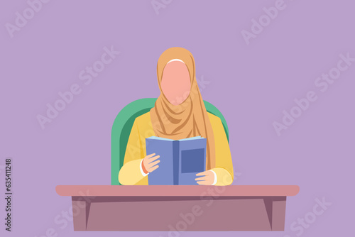 Cartoon flat style drawing pretty Arabian girl reading book, education. Woman student sitting at desk to read literary work, story books, study, textbooks on table. Graphic design vector illustration