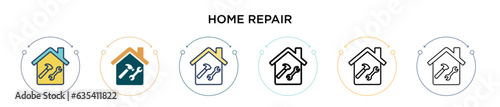 Home repair icon in filled, thin line, outline and stroke style. Vector illustration of two colored and black home repair vector icons designs can be used for mobile, ui, web