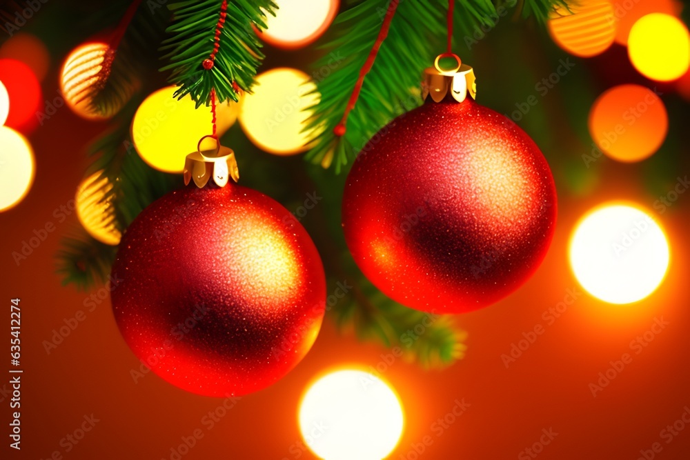 Christmas balls decoration with lights and Christmas tree on the background. Christmas balls decoration with lights and Christmas tree on the background.