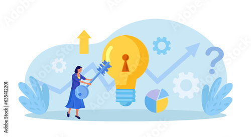 Businessman unlock new business idea. Character holding key to insert into keyhole on light bulb to reach target. Goal achievement concept. Invent new product or unlock creativity. Career opportunity