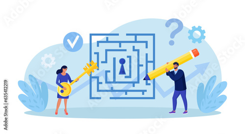 Business solution, strategy. Businessman searching for labyrinth exit plan and drawing path from question to answer. Difficult decision. People trying to solve puzzles with key. Problem solving skill