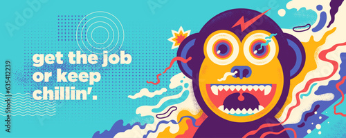 Abstract illustration in graffiti style with comic monkey and colorful splashing shapes. Vector illustration.