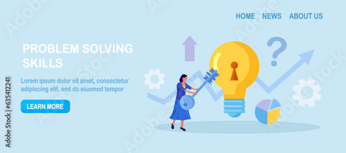 Businessman unlock new business idea. Character holding key to insert into keyhole on light bulb to reach target. Goal achievement concept. Invent new product or unlock creativity. Career opportunity