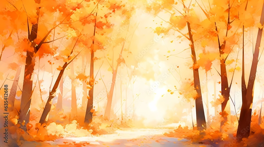 紅葉の背景、木々が黄色に色付く秋の風景のイラスト