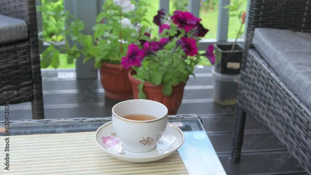 beautiful cozy country house veranda with cup of tea. life concept beautiful cozy country house veranda with cup of tea. life concept