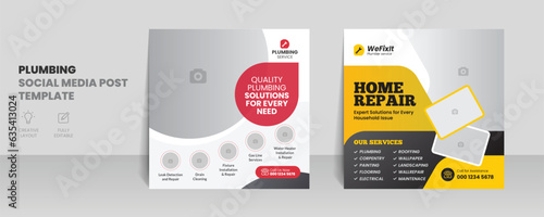 Plumber social media post template with home repair plumbing service web banner design layout